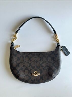 Coach Payton Hobo Shoulder Bag in Signature Canvas Brown Black - Gold Hardware